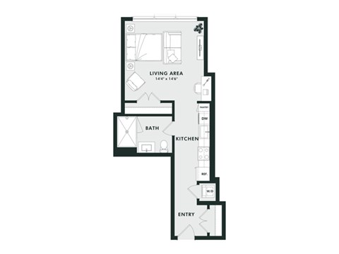 A floor plan of a small apartment with a living area, kitchen, bathroom, and entry.